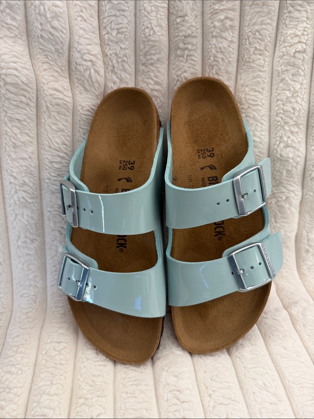 Birkenstock Arizona Patent Sandals in Mint Blue